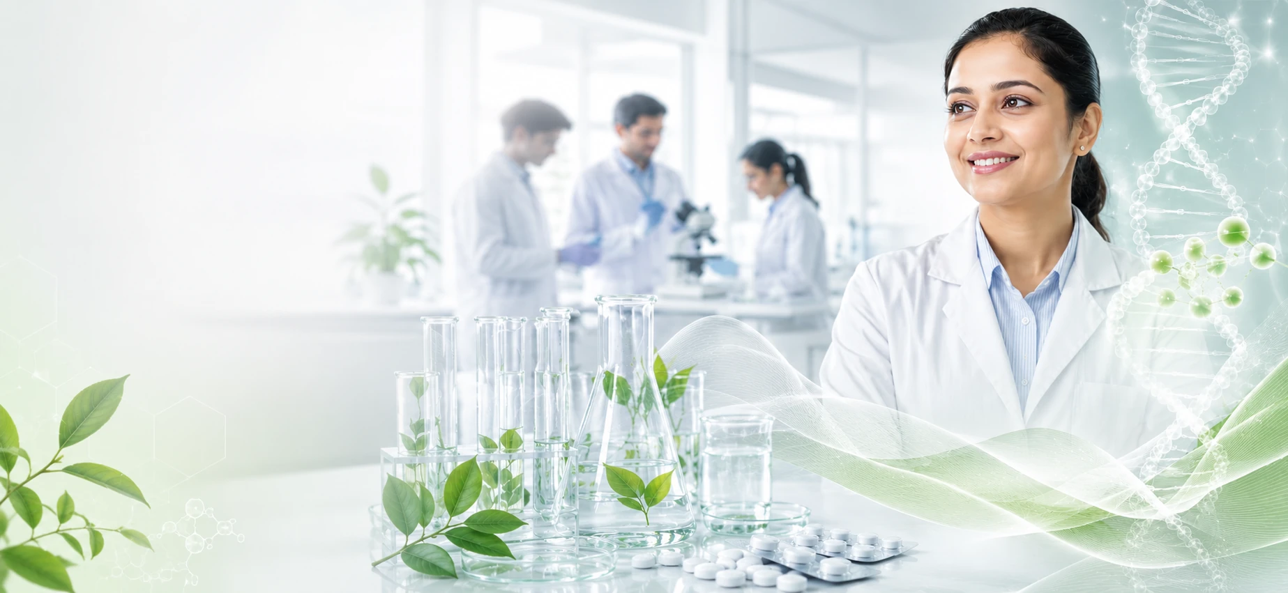 Indian pharmaceutical scientist in a bright laboratory with glassware, green leaves and molecular imagery